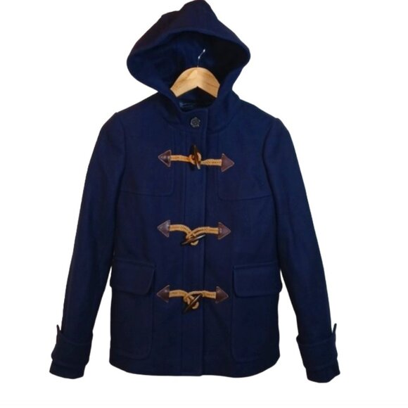 J. Crew Women's Melton Wool Dual Closure Hooded Navy Blue Duffle Jacket size 2 - Picture 1 of 13